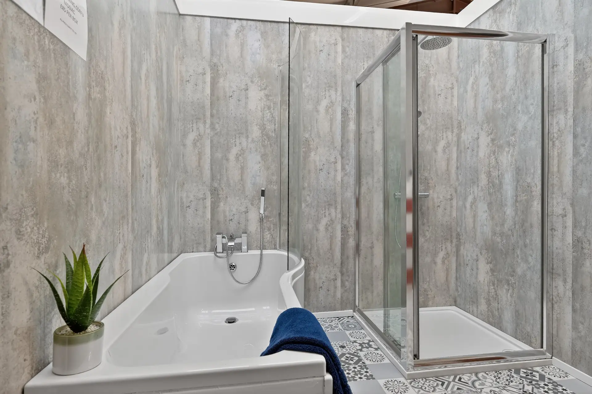 Stone-effect PVC wall panels with bath, corner shower enclosure and mosaic floor - bathroom trade supplies Belfast M1 Bathrooms